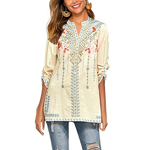 AK Women's Embroidered Tops Mexican Shirt V Neck Summer Casual Tops Peasant Tunic Loose Blouse (Small, 127-Yellow)