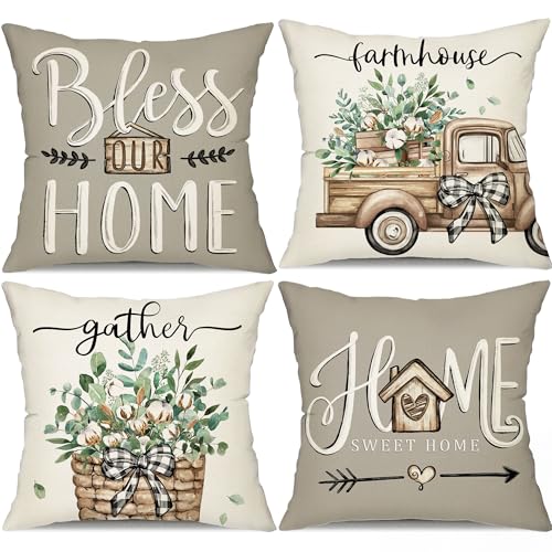 DFXSZ Farmhouse Pillow Covers 18x18 Set of 4 Eucalyptus Leaves Decorations Truck Sweet Home Spring Pillow Covers, Polyester Cushion Case Gifts for Home Decor 175