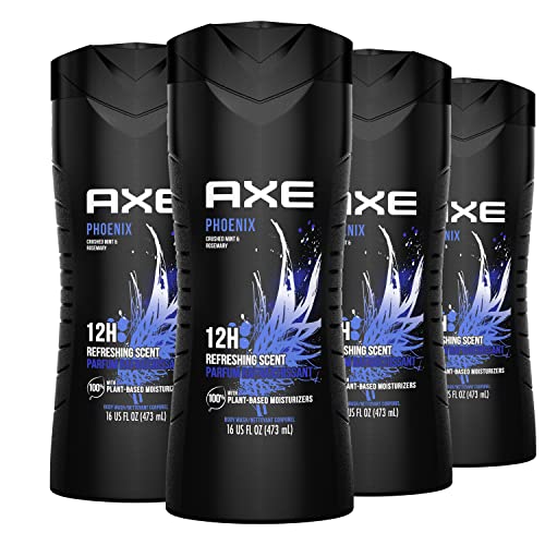 AXE Body Wash Phoenix 12h Refreshing Scent Crushed Mint & Rosemary 4 count Men's Body Wash with 100% Plant-Based Moisturizers 16 oz