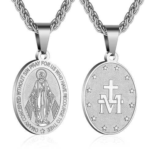 RS Miraculous Medal Virgin Mary Necklace for Men Boys Stainless Steel Religious Christian Baptism Catholic Pendant Chain Teenage First Communion Confirmation Jewelry Gifts Silver