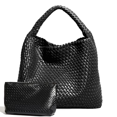 Woven Leather Tote Bag with Purse, Oversize Vegan Leather Tote Bag Women Weekender Bag Shopper Handbag Travel Shoulder Bag