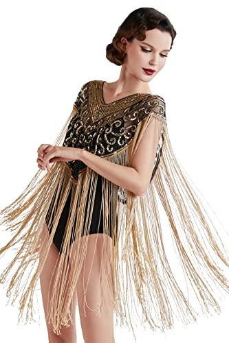 BABEYOND 1920s Shawl Wraps Long Fringed Evening Cape Sequin Beaded Party Shawl (Black Gold)