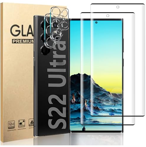 [2+2 Pack] Galaxy s22 Ultra Screen Protector, 2 Pack Tempered Glass Screen Protector +2 Pack Tempered Glass Camera Lens Protector,3D Curved,9H Tempered Glass, Ultrasonic Fingerprint Support, HD Clear
