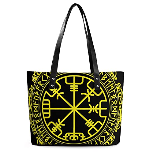 Ladies Leather Shoulder Commuter Bag, Large Capacity Work Tote Bags Compatible with Black Celtic Viking Design Magical Runic Compass Vegvisir in The Circle of Norse Runes And Dragons T Shopping Bag