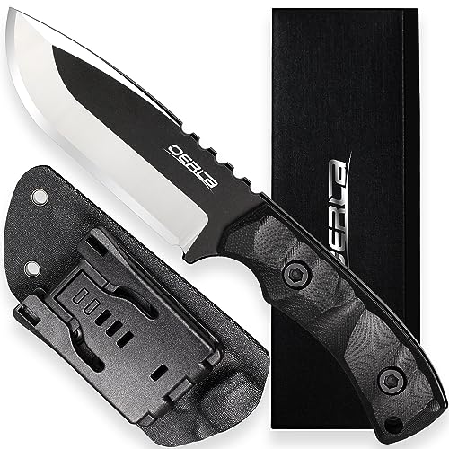 OERLA TAC DE-0014 Fixed Blade Outdoor Duty Knife 420HC Stonewashed Stainless Steel Field Knife Straight Camping Knife with G10 Handle Waist Clip EDC Kydex Sheath (Black)
