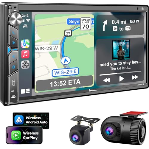 Double Din Car Stereo with Dash Cam - Voice Control Carplay, Android Auto, Steering Wheel Controls, 7' HD Touchscreen, Backup Camera, Bluetooth, Mirror Link, Subw, USB/TF/AUX, AM/FM Radio Receiver