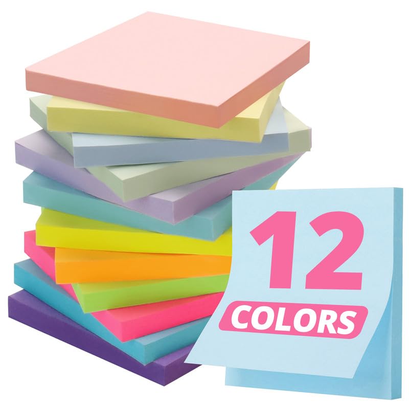 Sticky Notes, 12 Pads, 3x3 inches, Colorful Self-Stick Note Pads, Perfect for Office, Study, and Daily Life Organization - Soft Pastel