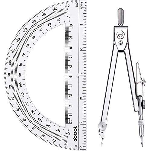 EBOOT Student Geometry Math Set, Drawing Compass and 6 Inch Clear Swing Arm Protractors 180 Degree Math Protractor (Argent, Classic)