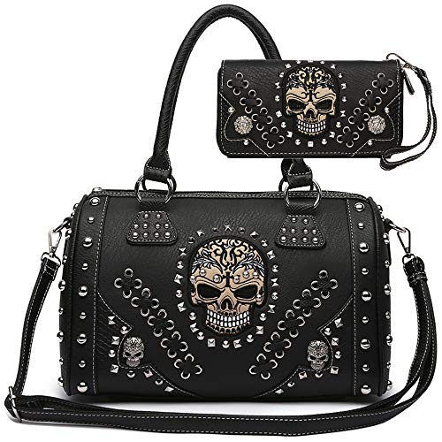 Sugar Skull Day of the Dead Punk Art Purse Removable Strap Women Satchel Handbag Shoulder Bag Wallet Set (Black Set) Large