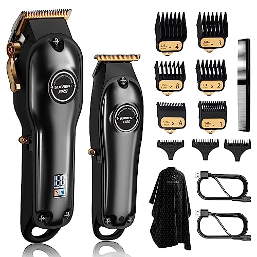 SUPRENT PRO Professional Hair Clippers for Men- Hair Cutting Kit & Zero Gap T-Blade Trimmer Combo- Cordless Barber Clipper Set with LED Display for Mens Gifts(Black)