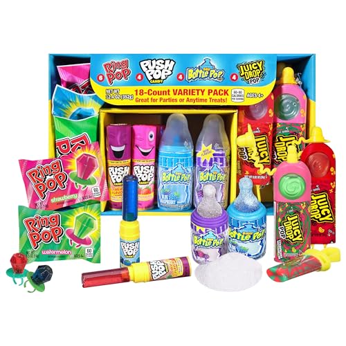 Bazooka Candy Brands Variety Candy Box - 18 Count Summer Candy Lollipops from Ring Pop, Push Pop, Baby Bottle Pop & Juicy Drop - Fun Candy For Birthdays, Party Favors, Pool Parties & Summer Fun
