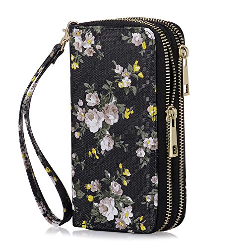 HAWEE Cellphone Wallet for Women Dual Zipper Long Purse with Removable Wristlet, Multiflora Rose