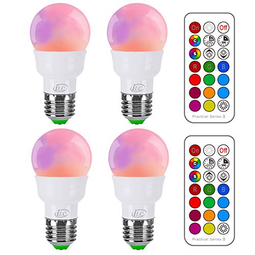 ILC RGB LED Light Bulb, Color Changing 40W Equivalent, Daylight White, 450LM Dimmable 5W E26 Screw Base RGBW, Mood Light Bulb - 12 Color Choices - Timing Infrared Remote Control Included (4 Pack)