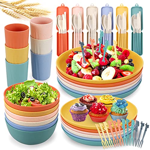KAMJUNTAR Wheat Straw Dinnerware Sets For 6(72pcs), Unbreakable Microwave Safe Reusable Plates and Bowls Sets Eco Friendly,Dishwasher Safe