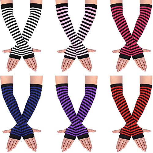 SATINIOR 6 Pairs Long Fingerless Gloves for Women Knit Thigh High Striped Arm Warmer Punk Gothic Rock Thumb Hole Stretchy Gloves Gothic Clothes (Bright Color)