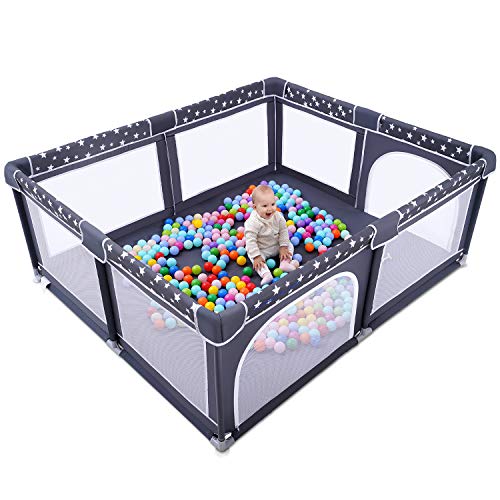 Baby Playpen, ANGELBLISS Playpen for Babies and Toddlers, Extra Large Play Yard with Gate, Indoor & Outdoor Kids Safety Play Pen Area with Star Print (Dark Grey, 71'×59')