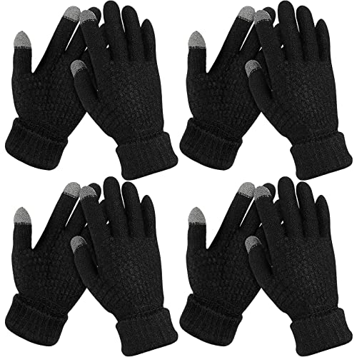 4 Pairs Women's Winter Touch Screen Gloves Warm Fleece Lined Knit Gloves Elastic Cuff Winter Texting Gloves (Black)