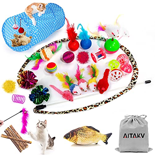 AILUKI 31 PCS Cat Toys Kitten Toys Assortments,Variety Catnip Toy Set Including 2 Way Tunnel,Cat Feather Teaser,Catnip Fish,Mice,Colorful Balls and Bells for Cat,Puppy,Kitty