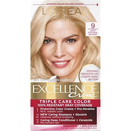 L'Oreal Paris Excellence Creme Permanent Triple Care Hair Color, 9 Light Natural Blonde, Gray Coverage For Up to 8 Weeks, All Hair Types, Pack of 1