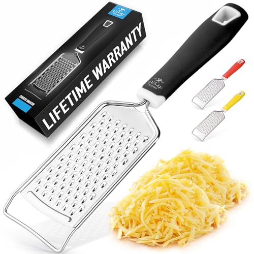 Zulay Kitchen Professional Cheese Grater Stainless Steel - Durable Rust-Proof Metal Lemon Zester Grater With Handle - Flat Handheld Grater For Cheese, Chocolate, Spices, And More - Black