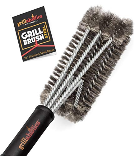 Grillaholics Essentials Grill Brush Steel - Triple Machine Tested for Safety - Stainless Steel Wire Grill Brush for Deep Grill Cleaning - Lifetime Manufacturers Warranty