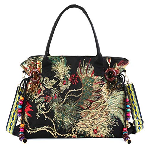 Women Canvas Tote Bags Phoenix Sequins Embroidery Handbags Stylish Casual Shoulder Bags,With Vintage Decorative Pendants (Black) One Size