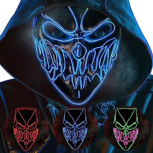 ILEBYGO 2023 Newest LED Scary Mask Halloween Light Up Mask Purge Mask with EL Wire 3 Flashing-Modes for Halloween Festival, Party, Cos Play (Blue)