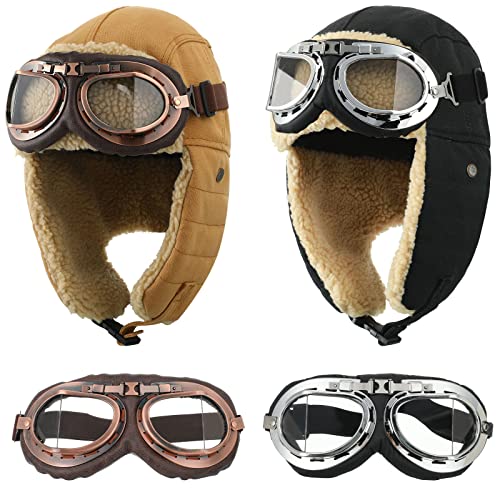 JaGely 2 Sets Pilot Hat and Goggles Trapper Hat Flight Costume Winter Hat with Ear Flaps Men Adults(Black, Khaki)
