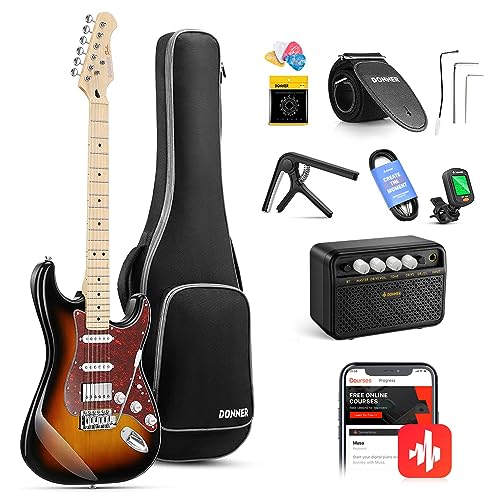 Donner Electric Guitar, DST-152S 39' Electric Guitar Kit HSS Pickup Coil Split, Guitar Starter Pack for Adult Beginners with Amp, Bag, Accessories, Sunburst