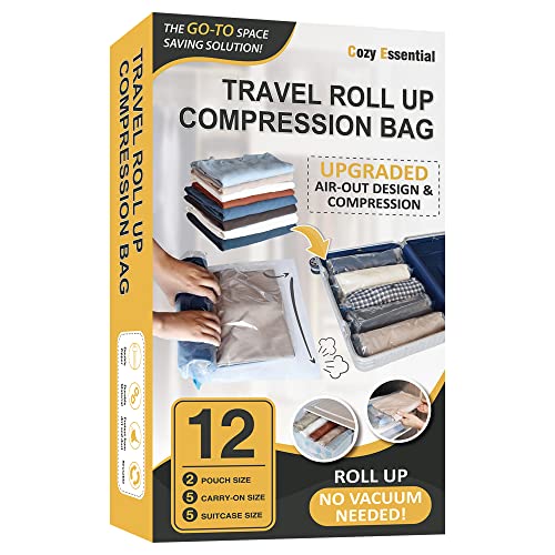 12 Hand Roll Up Compression Travel Bags-Space Saver Bags for Luggage and Cruises (5 Large, 5 Medium, 2 Small), No Vacuum Needed