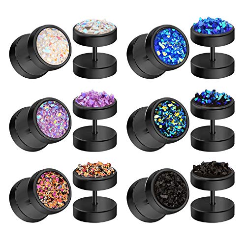 JFORYOU 6 Pairs Round Stud Earrings Stainless Steel Druzy Studs Earrings Set for Women Mens Girls Faux Fake Cheater Ear Plugs Gauge Punk Style