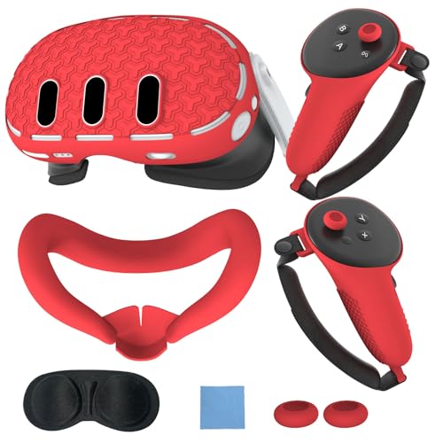VR Cover Accessories for Meta Quest 3, MTomatoVR Protective Cover Set, Hard Shell Skin, Face Cover & Lens Cover, 2 Controller Grips + Button Caps Set for Quest 3, Red