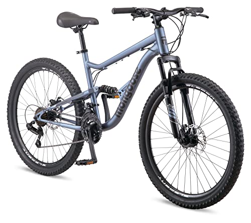 Mongoose Status Men and Womens Mountain Bike, 26-Inch Wheels, 21 Speed Trigger Shifters, Aluminum Frame, Dual Suspension, Front and Rear Disc Brakes, Slate Blue
