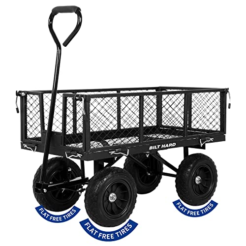 BILT HARD 400 lbs 10' Flat Free Tires Steel Garden Cart with 180° Rotating Handle and Removable Sides, 4 Cu.Ft Capacity Utility Heavy Duty Garden Carts and Wagons