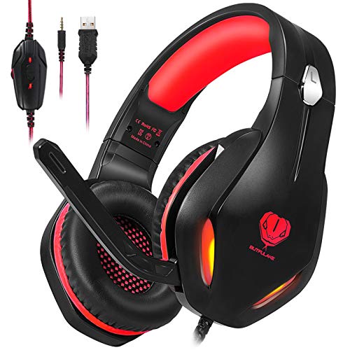 Gaming Headset for PS4, PC, Xbox One, PS5, for Nintendo Switch, Wired Over Ear Headphones with Stereo Surround Sound, Noise-Cancelling Microphone, LED Lights for Kids Adults, Red