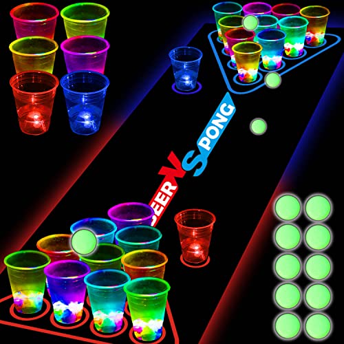 noveltymeme 45 PCS Glow in the Dark Beer Pong Table Mat, Drinking Game Pong Game with Party Cups, Glow Pongs for Indoor Outdoor Party Game Party Supplies Decoration Flashing&Red&Blue