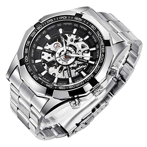 Gute Mens Watches, Mechanical Skeleton Stainless Steel Waterproof Automatic Self-Winding Watch for Men, Luxury X Dial Steampunk Wrist Watch