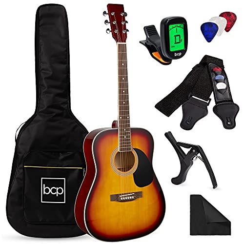 Best Choice Products 41in Full Size Beginner All Wood Acoustic Guitar Starter Set w/Case, Strap, Capo, Strings, Picks, Tuner - Sunburst