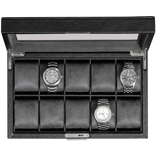 ROTHWELL 10 Slot Leather Watch Box - Luxury Watch Case Display Jewelry Organizer - Locking Watch Display Case Holder with Large Glass Top - Watch Box Organizer for Men and Women (Black/Grey)