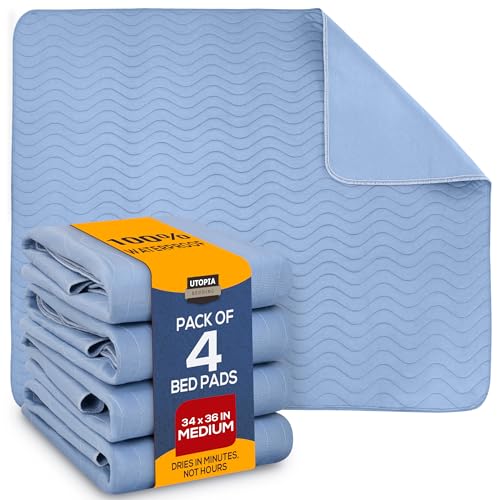 Utopia Bedding Waterproof Incontinence Bed Pads 34 x 36 Inches (Pack of 4, Blue), Washable and Reusable Underpads for Adults, Elderly and Pets, Absorbent Protective Pads