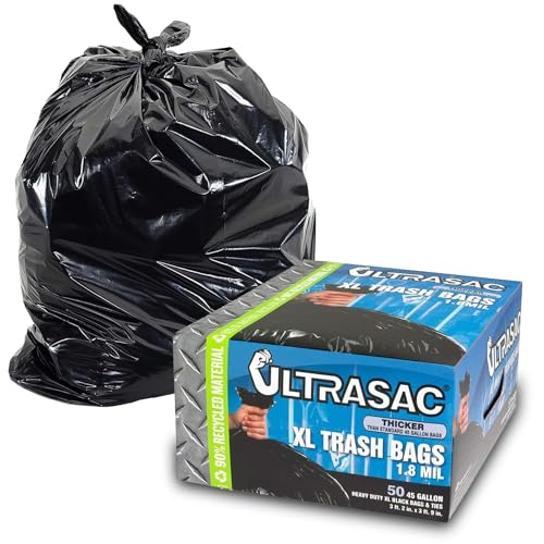 Ultrasac Heavy Duty 45 Gallon Trash Bags Huge 50 Count/w Ties) - 1.8 MIL - 38' x 45' - Large Black Plastic Garbage Bags for Contractor, Industrial, Home, Kitchen, Commercial, Yard, Lawn, Leaf