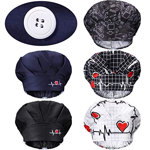 Geyoga 5 Pieces Bouffant Caps with Button and Sweatband, Adjustable Working Hats Nurse Caps for Women Men, 5 Styles (Heart Pattern)