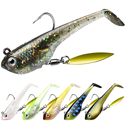 TRUSCEND Fishing Jigs Lures with Handmade Lead Heads Paddle Tail Spinner Baits for Bass Trout Walleye Musky Soft Plastic Fishing Lures