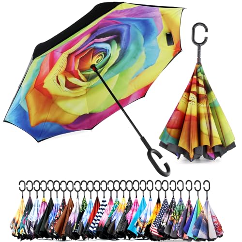 SIEPASA 40/49/56/62 Inch Inverted Reverse Upside Down Umbrella, Extra Large Double Canopy Vented Windproof Waterproof Stick Umbrellas with C-shape Handle.(Rainbow Rose, 49 Inch)