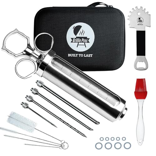 Grillin Pros Advanced Meat Injector Syringe Kit for Smoking & Grilling BBQ | Stainless Steel | Large 2 Oz Visible Capacity | Marinade Brush | Safe Grill Cleaner | Create Juicy Tender Flavor in Seconds