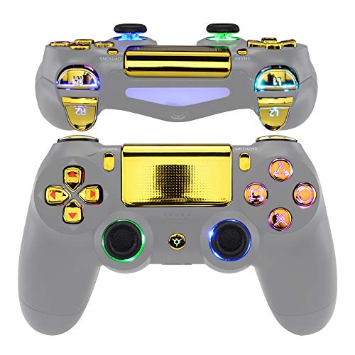 eXtremeRate Multi-Colors Luminated D-pad Thumbstick Trigger Home Face Buttons, Chrome Gold Classical Symbols Buttons DTFS (DTF 2.0) LED Kit for PS4 Slim Pro Controller - Controller NOT Included