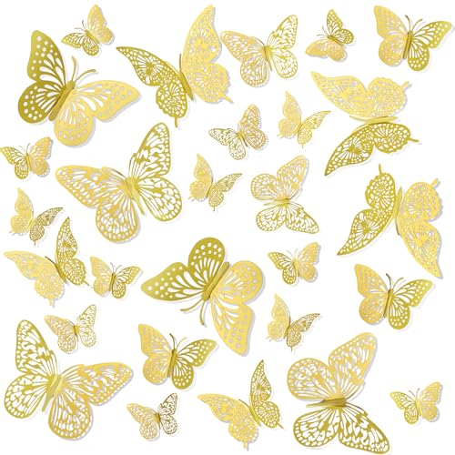 Butterfly Decorations, 3D Butterfly Wall Decor, Room Decor, 3 Styles 3 Sizes, 3D Butterfly Decor, 24 PCS, Butterfly Birthday Party Decorations, Butterfly Cake Decorations, Gold Butterfly Decorations