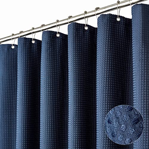 Dynamene Thick Fabric Shower Curtains for Bathroom - Waffle Weave Heavy Duty, 256GSM Hotel Spa Luxury Weighted Polyester Cloth Bath Curtain Set with 12 Plastic Hooks,72x72, Navy Blue