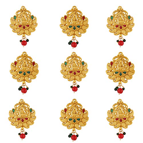 Sasha Indian Embellished Southern Bling Heavily Temple Hair Jewelery Choti Brooch Bridal Jewellery for Women-9 Piece, Golden, Free Size