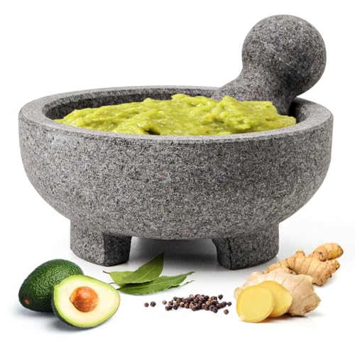 Luvan Large Mortar and Pestle Set,4 Cups Unpolished Granite Molcajete Mexicano Guacamole Bowl,Stone Grinder Bowl for Crushing/Grinding-Guacamole,Spices Grinder,Herb Crusher,Salsa and Pesto-8IN/Gray
